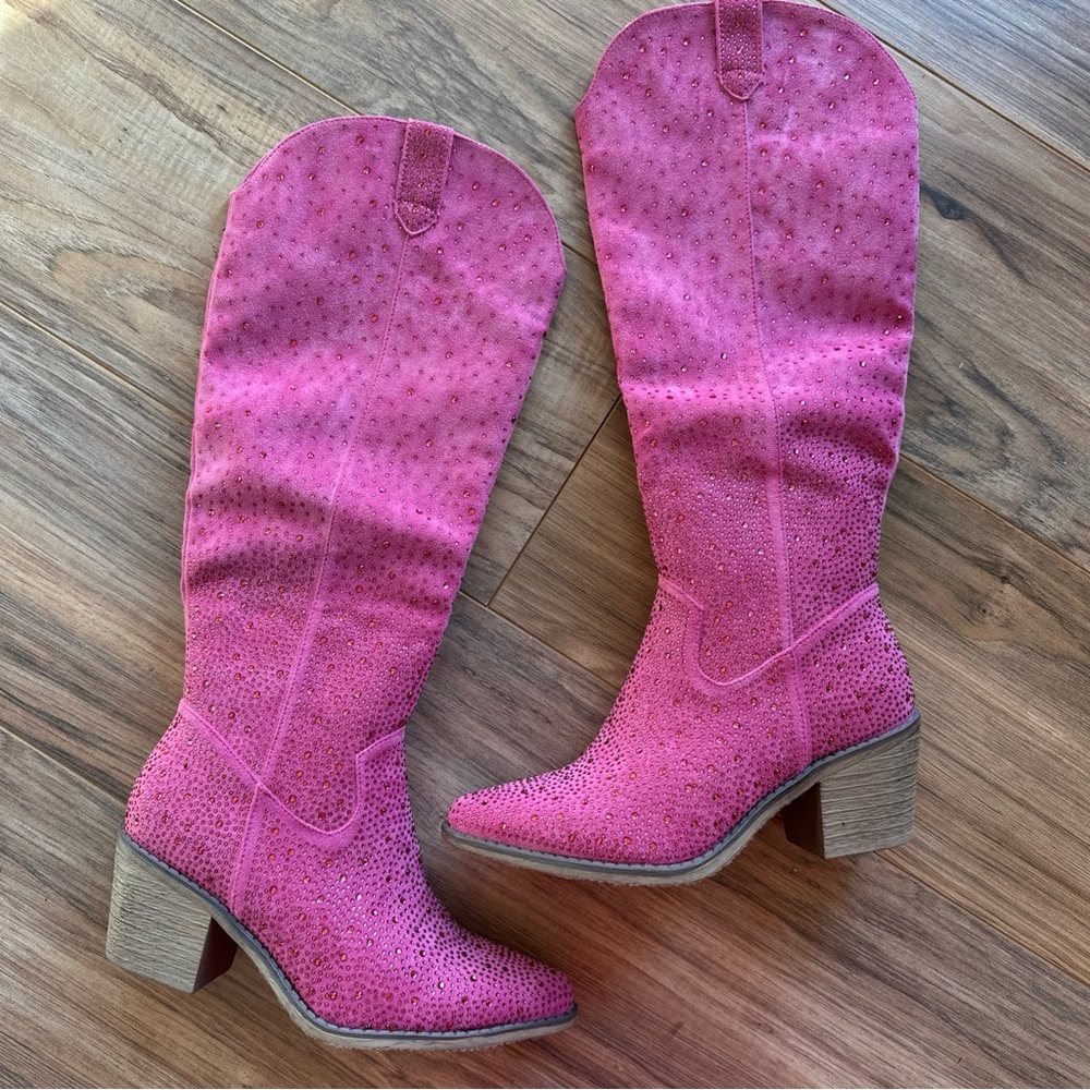 Pierre Dumas Pink Studded Suede Knee-High Heeled Boots
